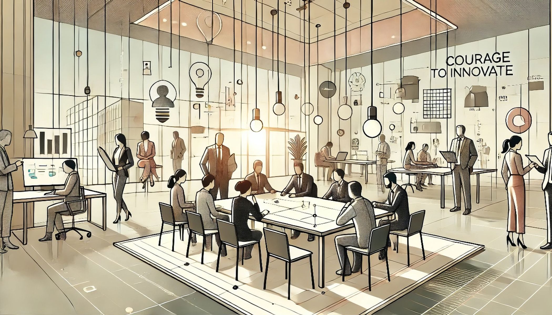 Illustration of a modern office with people sitting and standing. The room has large windows, hanging light bulbs and various diagrams. A sign reads "Courage to innovate". Sunlight streams in and creates a bright atmosphere.