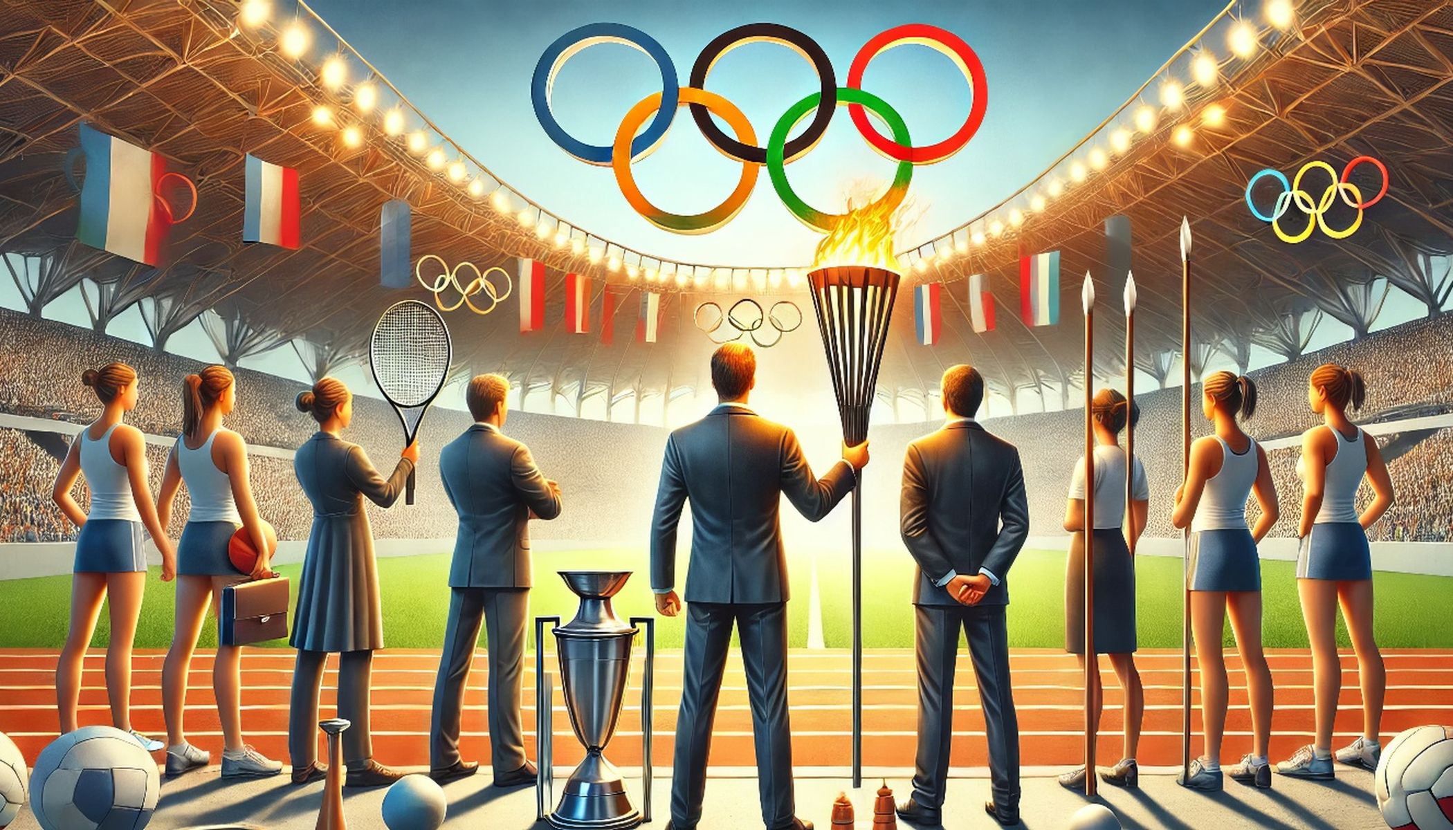 A group of athletes is standing on a running track in a stadium. Everyone is holding a piece of sports equipment. Above them hang flags and Olympic rings. In the middle, one person is holding a lit torch. A large trophy and various sports balls lie on the ground in front.