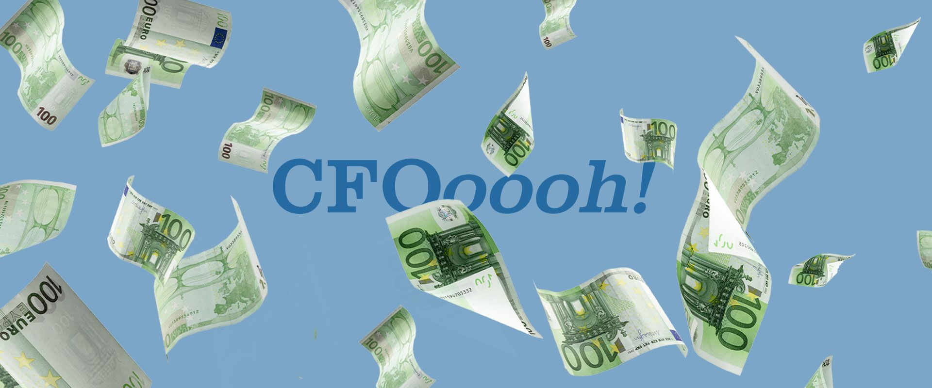 Fliegende 100-Euro-Scheine vor blauem Hintergrund mit dem Text „CFOoooh!“ in großen Buchstaben. - WU Executive Academy