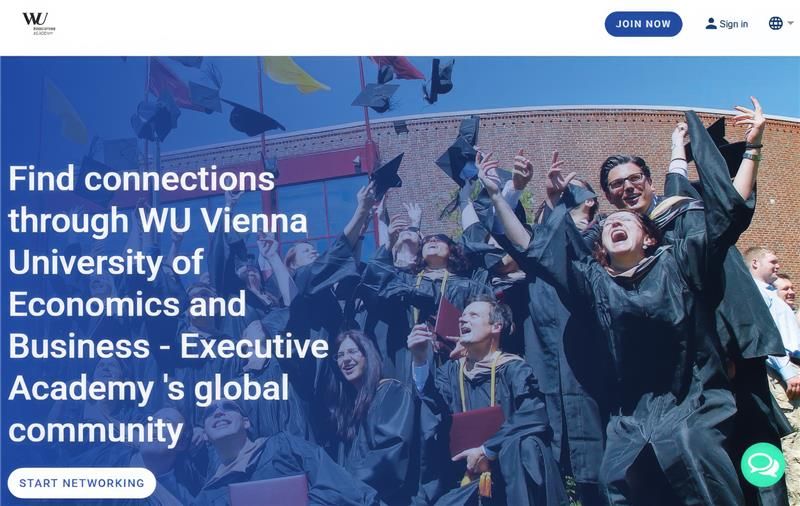 Image with graduates and text "Find connections through WU Vienna University of Economics and Business - Executive Academy's global community"-WU Executive Academy